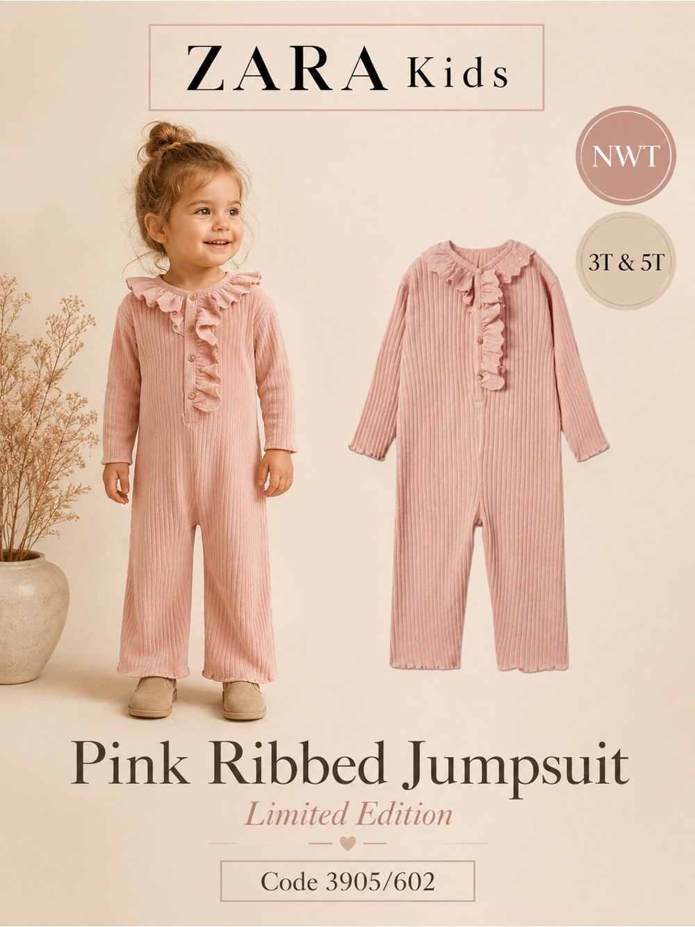 Zara Kids Limited Edition Pink Ribbed Ruffle Jumpsuit NWT 3T/5T